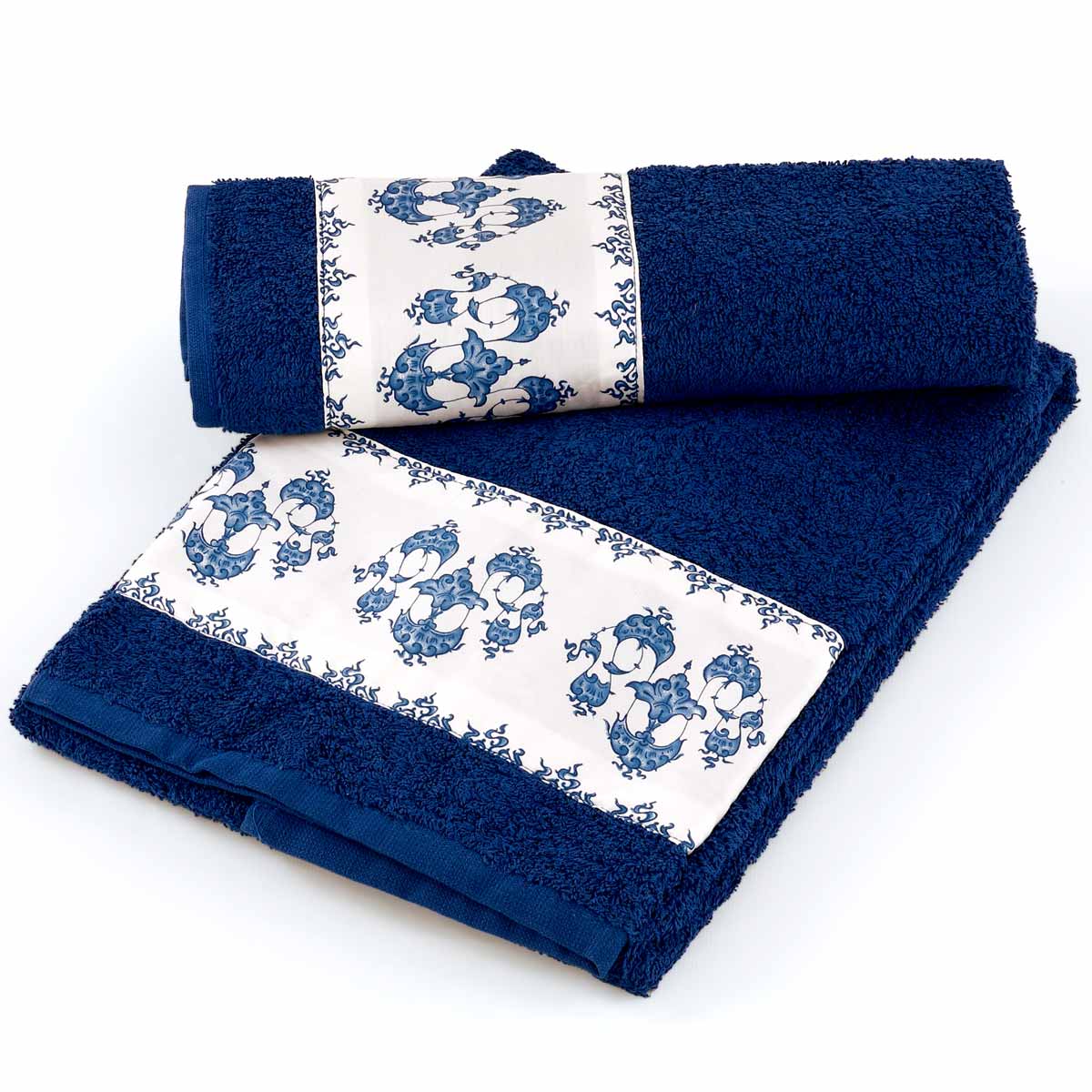 1+1 asciugamani viso e ospite da bagno di colore blu in raso misure maxi
