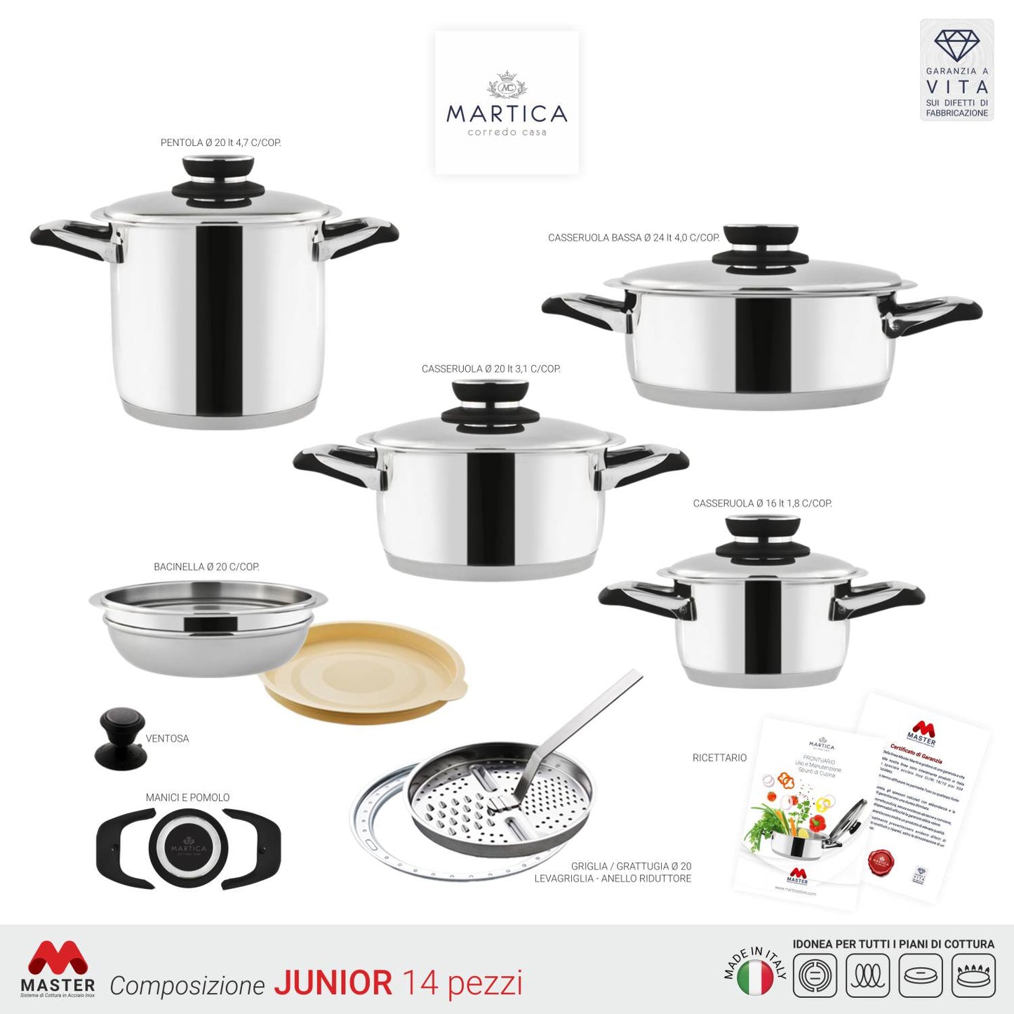 Batteria di pentole in acciaio ad induzione garantita a vita - junior