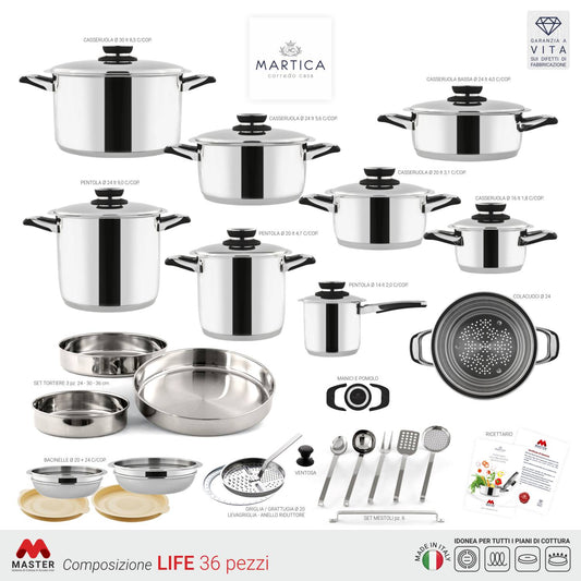 Batteria di pentole in acciaio inox 18/10 prodotta in Italia ad induzione per corredo - Life