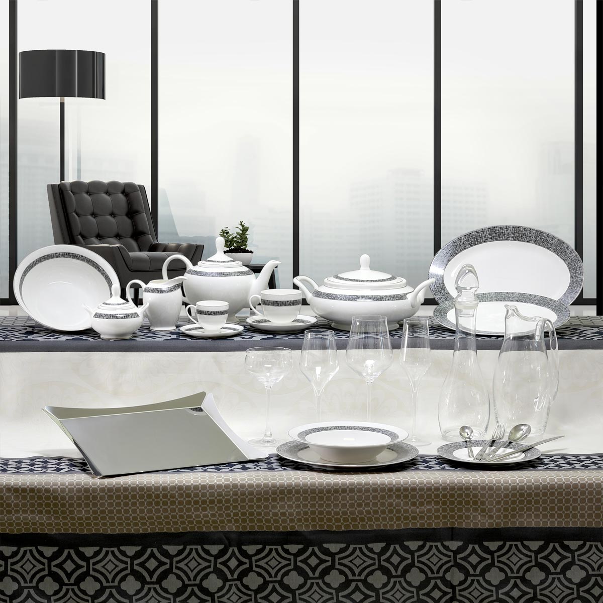 Coordinato piatti e bicchieri stile contemporaneo grigio e nero - New York