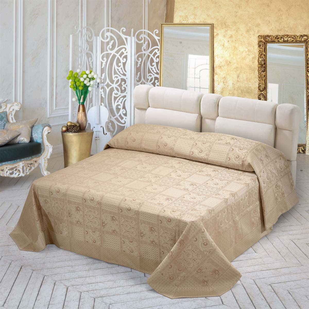 Copriletto estivo matrimoniale 2 piazze di colore sabbia stile classico - Candore