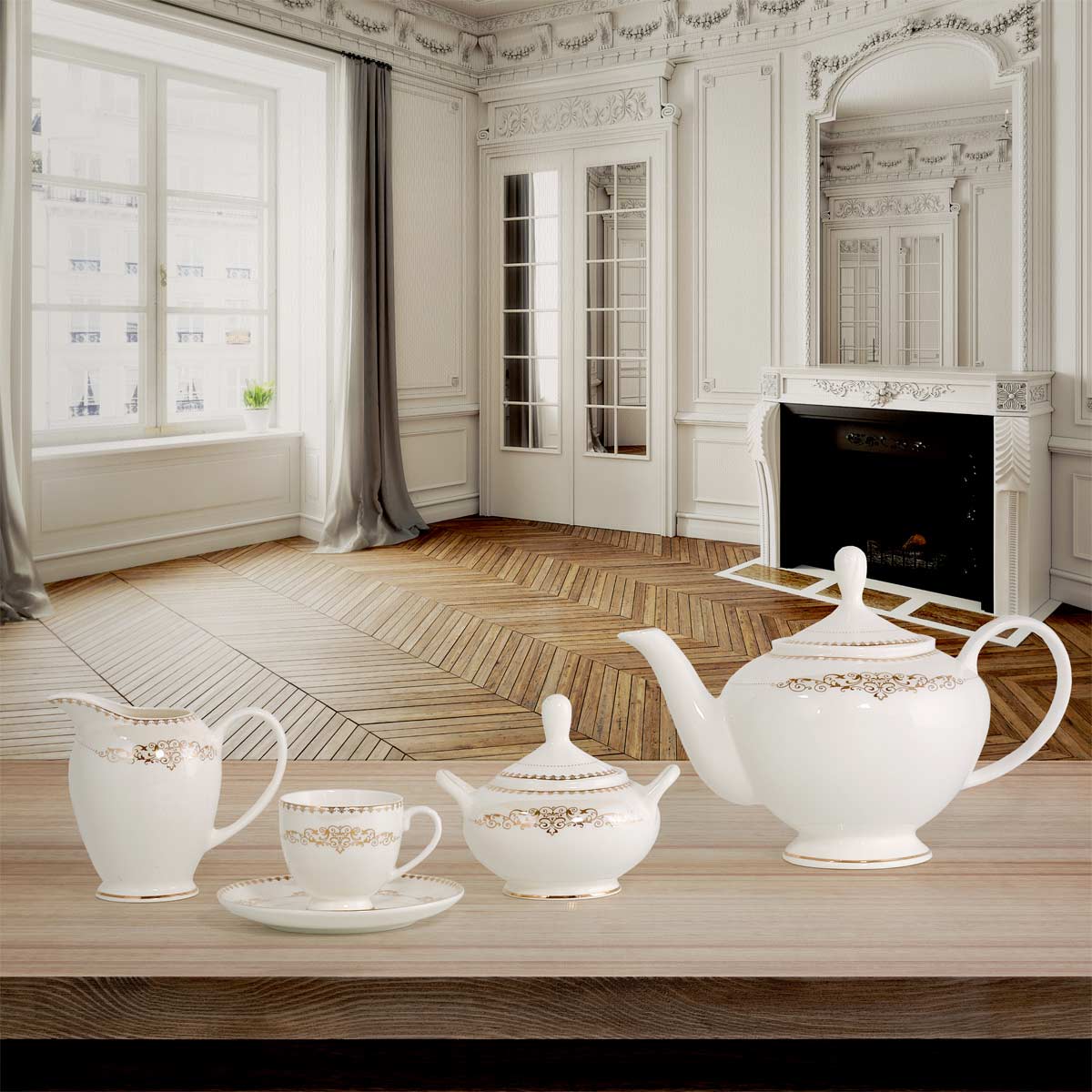 Servizio caffè e servizio da te in fine porcellana con decoro in oro per 12 persone - Praga