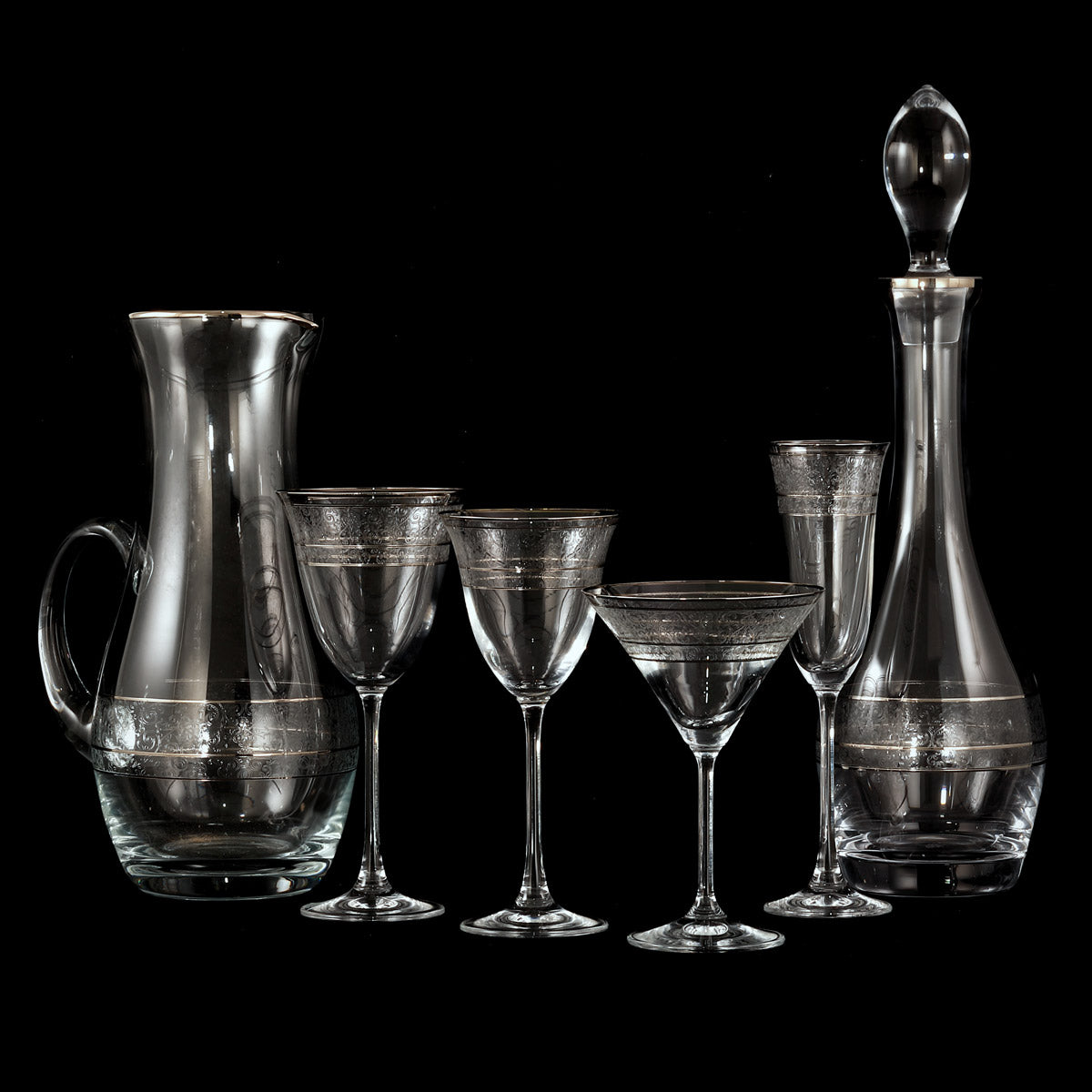 Servizio calici in cristallo 50 pezzi acqua vino flute coppa filo platino - Portofino