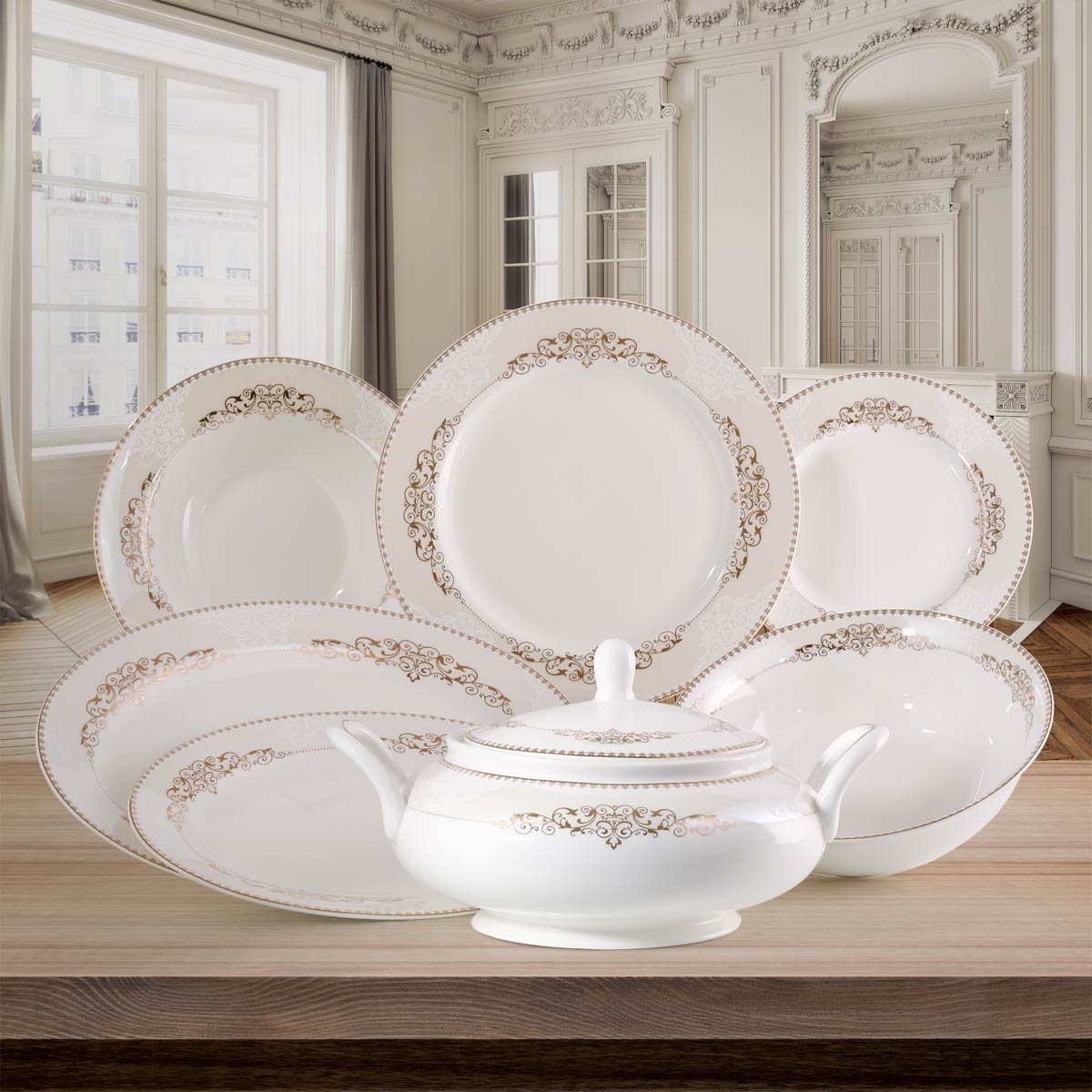 Servizio completo di piatti in fine porcellana con decorazione prestigiosa in oro - Praga