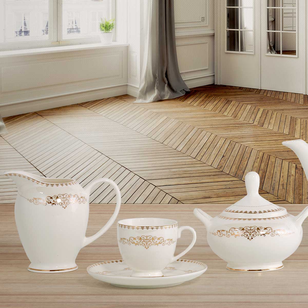 Servizio piatti per 12 persone con filo oro in fine porcellana - Praga