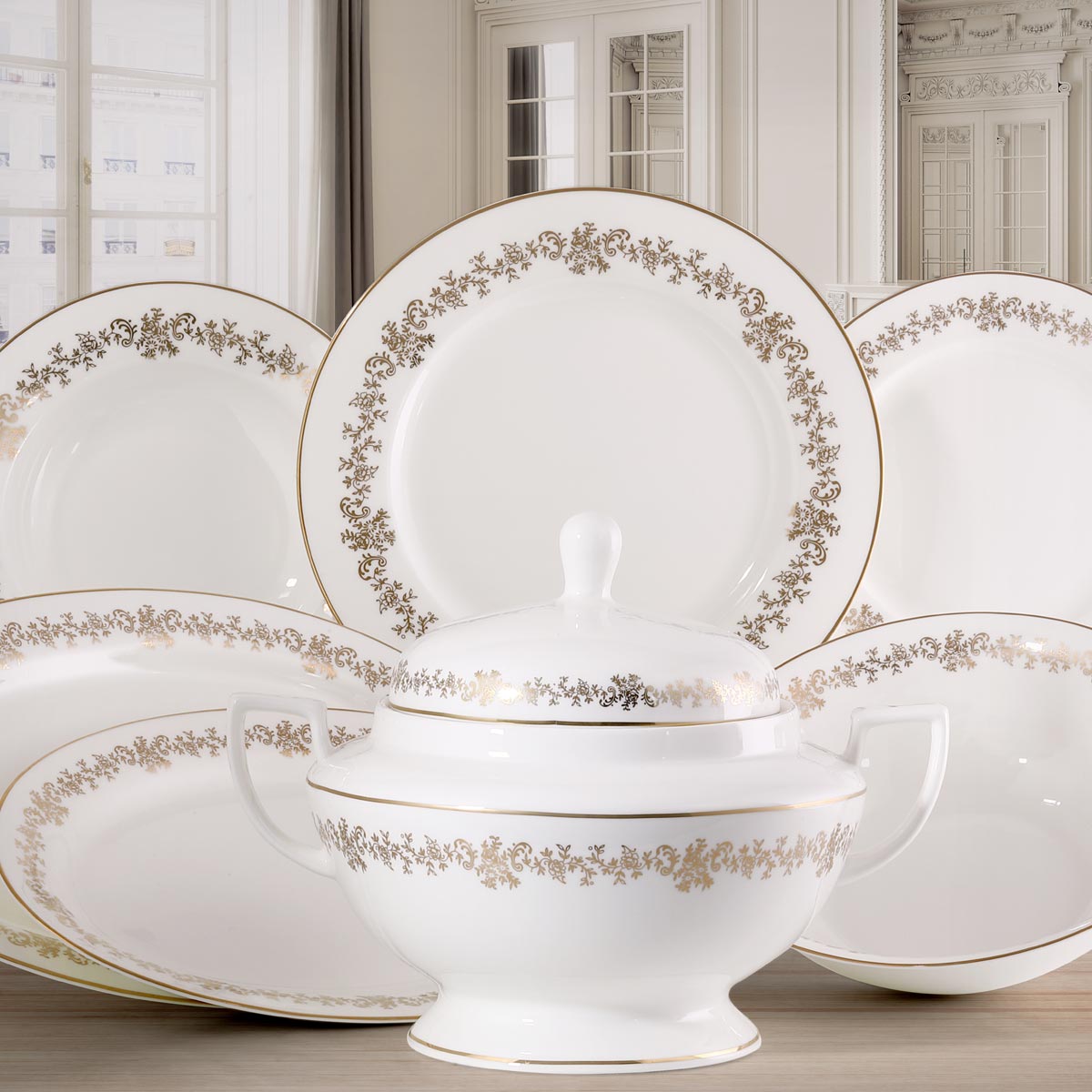 Servizio piatti per il corredo sposa con decoro artigianale in oro fine porcellana trasparente - Elegance