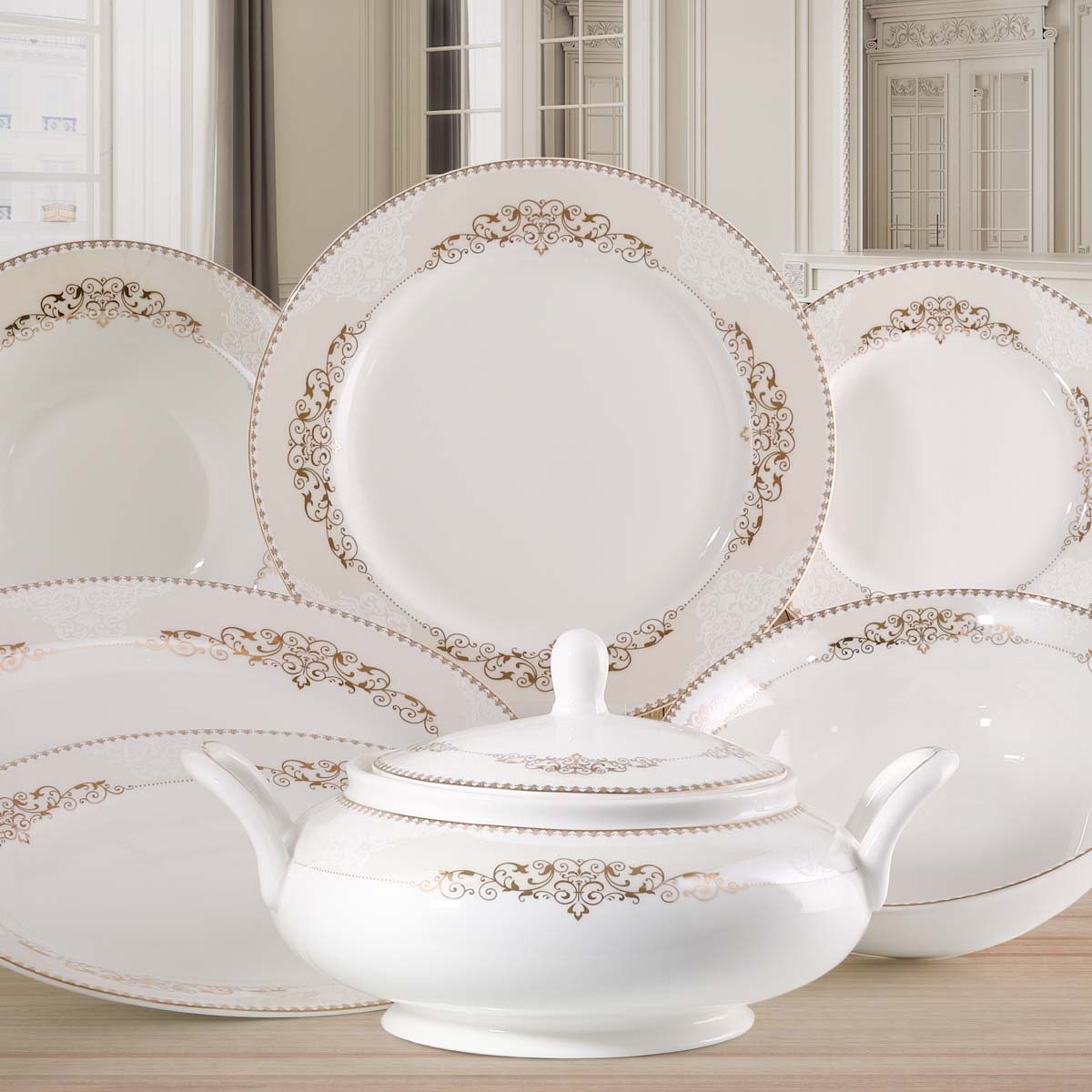 Servizio di piatti per la sala da pranzo in fine porcellana con decoro elegante filo oro - Praga