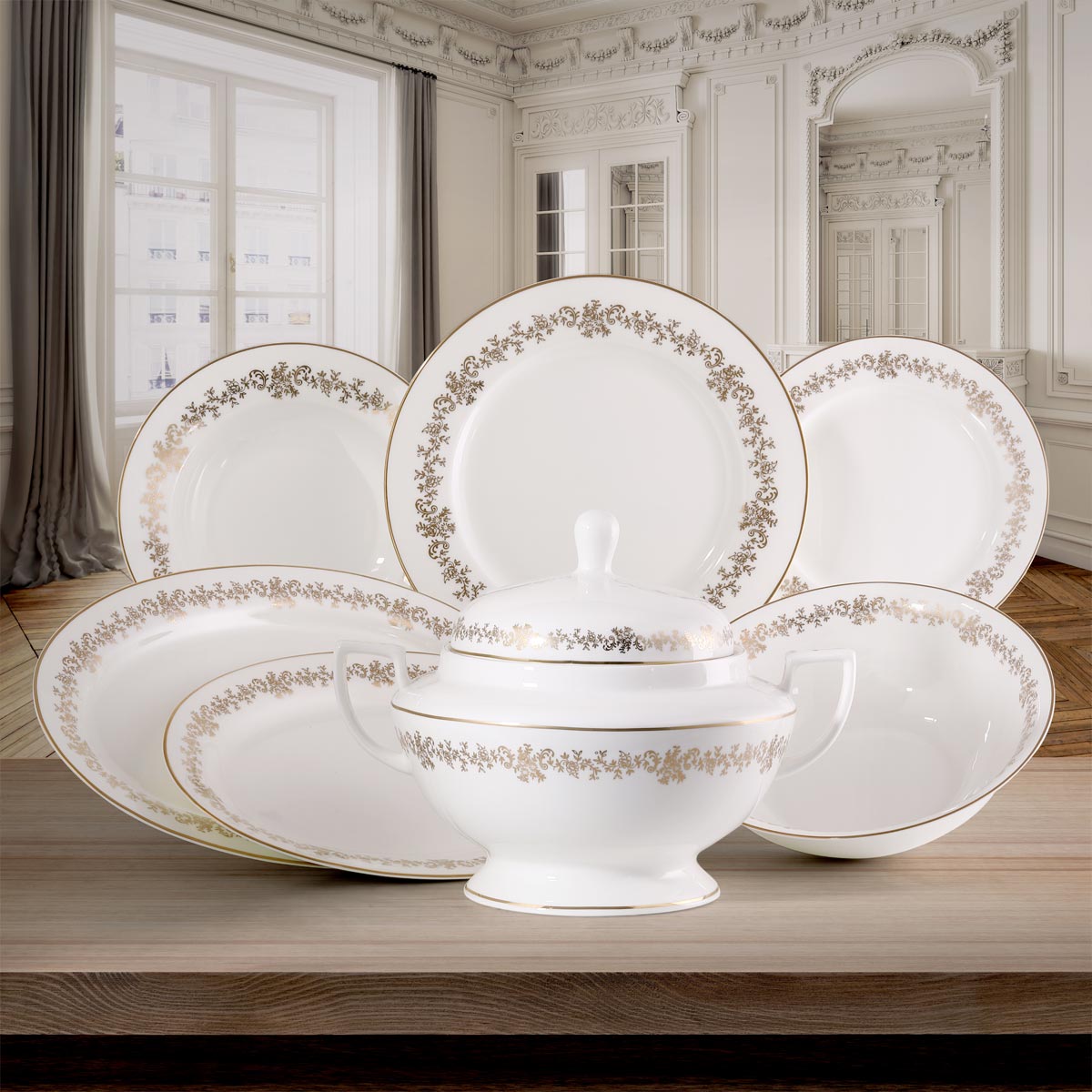 Servizio piatti tavola te e caffè in fine porcellana bone china con decoro classico in oro - Elegance