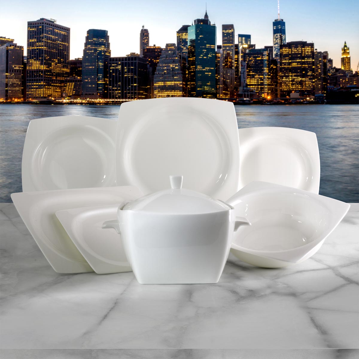 Servizio piatti te e caffè quadrato bianco in finissima porcellana trasparente - Quadro