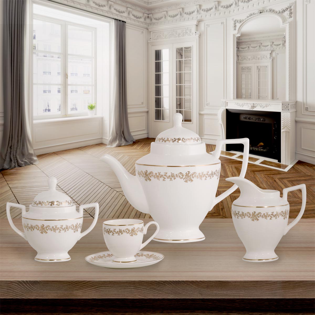 Servizio tazze te e caffè in fine porcellana trasparente bone china con decoro classico in oro - Elegance