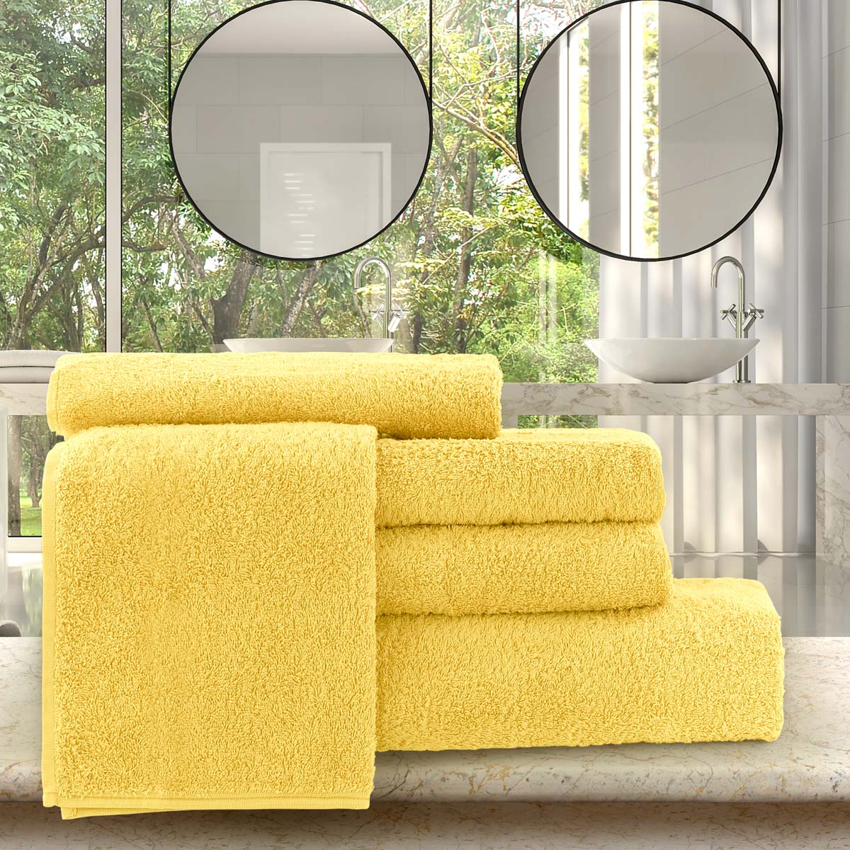Set biancheria da bagno in morbida spugna composta da asciugamani e telo 5 pezzi colore giallo - Basic