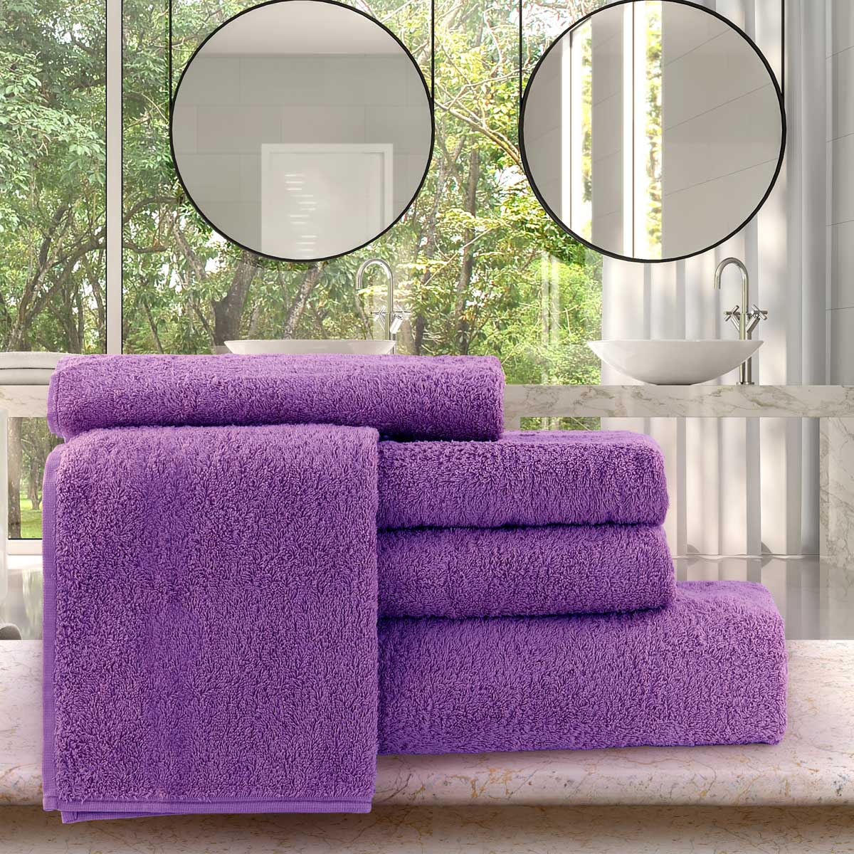 Set di biancheria da bagno in spugna asciugamani e telo 5 pezzi colore viola - Basic
