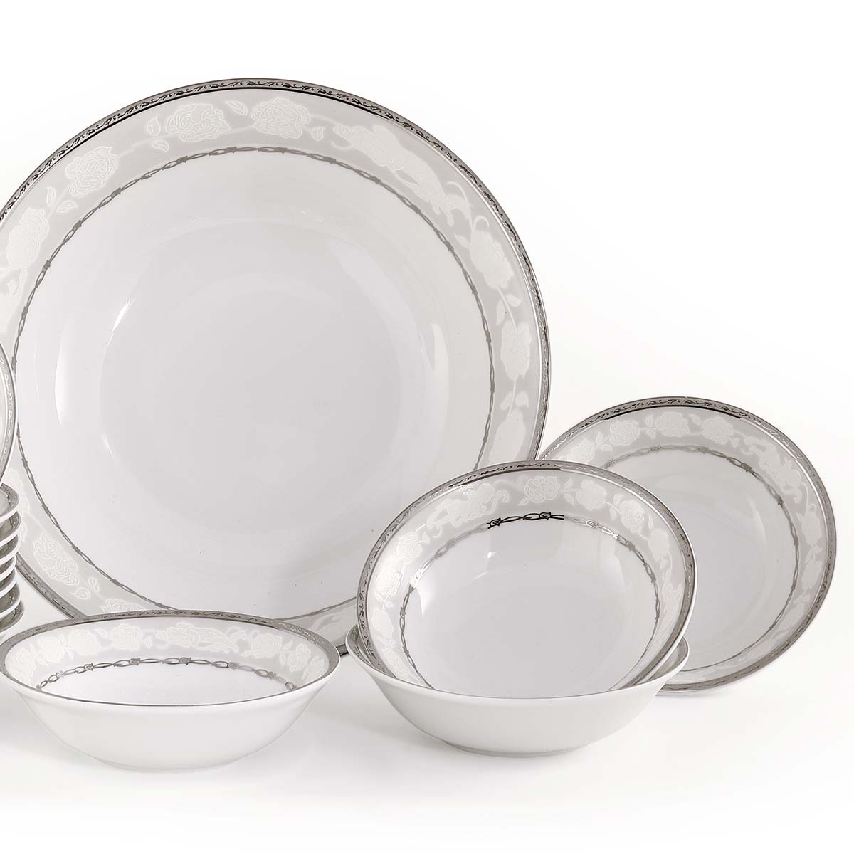Set coppette antipasti gelato in porcellana con decoro elegante argento angeli