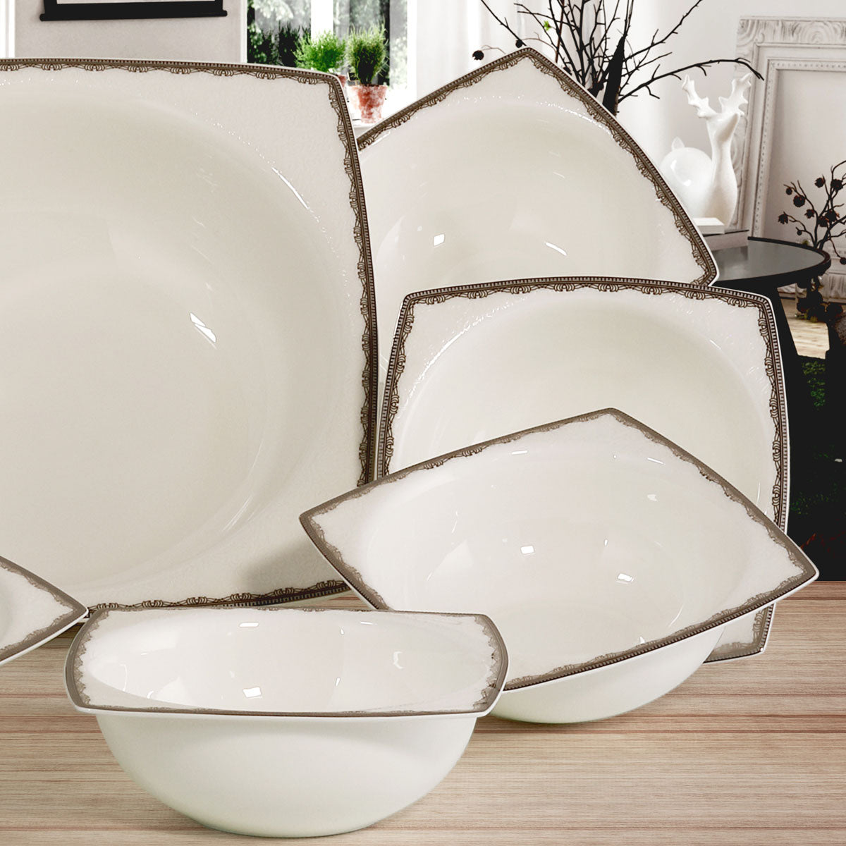 Set coppette gelato in porcellana fine bone china quadrata con decoro argento - Clara