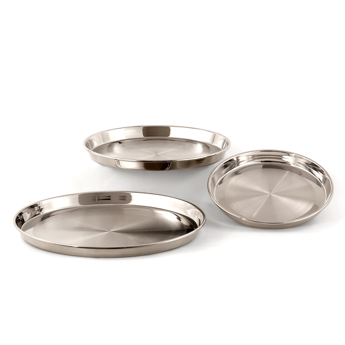 Tris teglie rotonde in acciaio inox con misure 24 - 30 - 36 cm