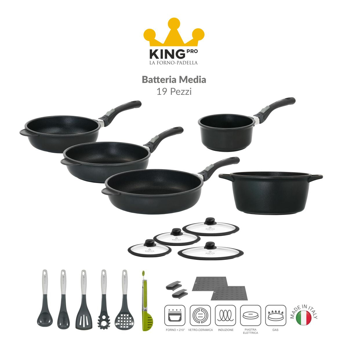 Batteria pentole induzione con rivestimento antiaderente media 19 pezzi - King Pro