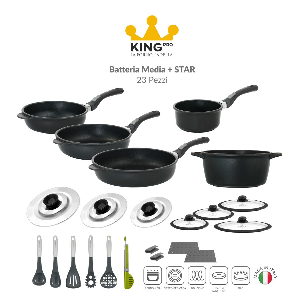Batteria pentole induzione con rivestimento antiaderente media 23 pezzi - King Pro Star