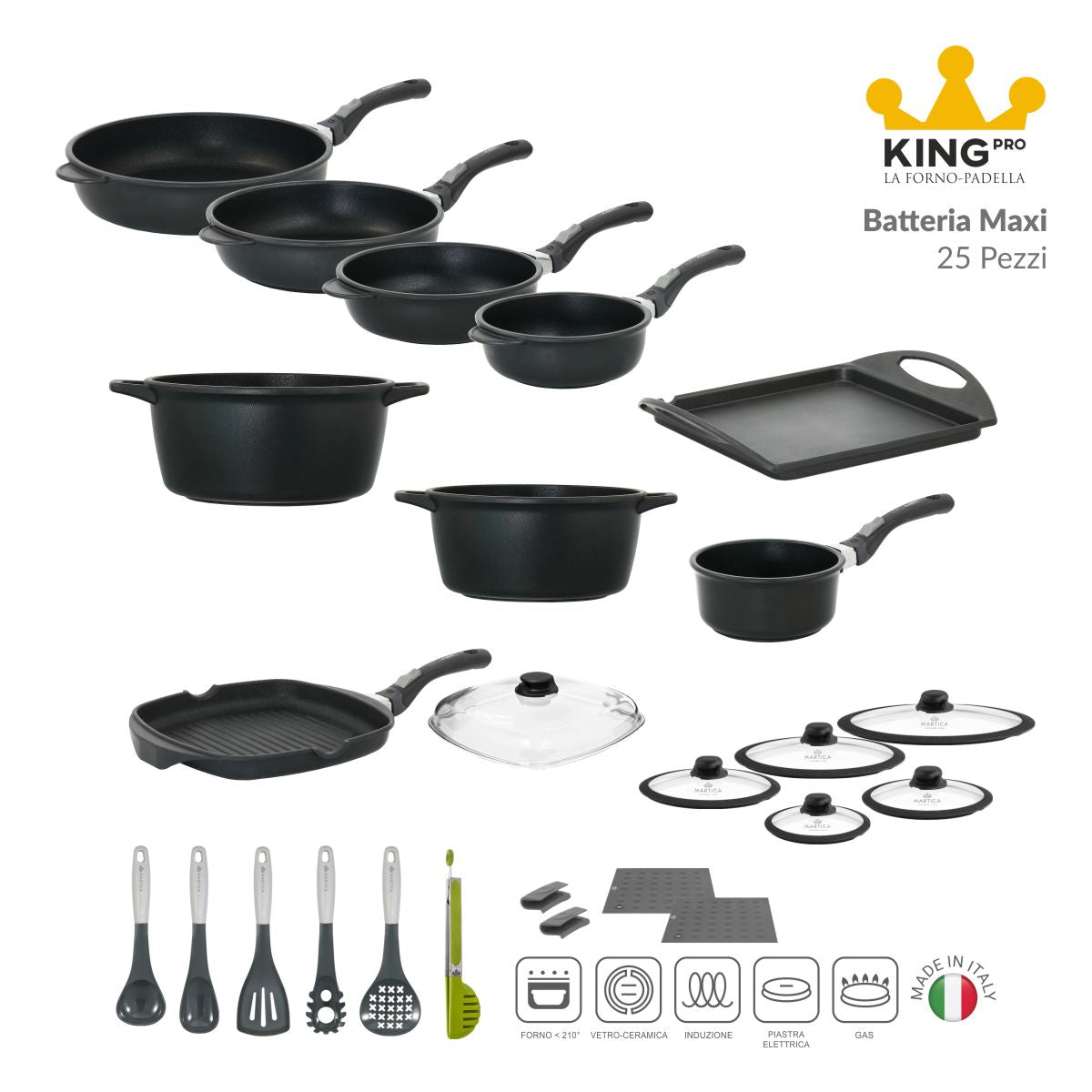 Batteria pentole induzione con rivestimento antiaderente maxi 25 pezzi - King Pro