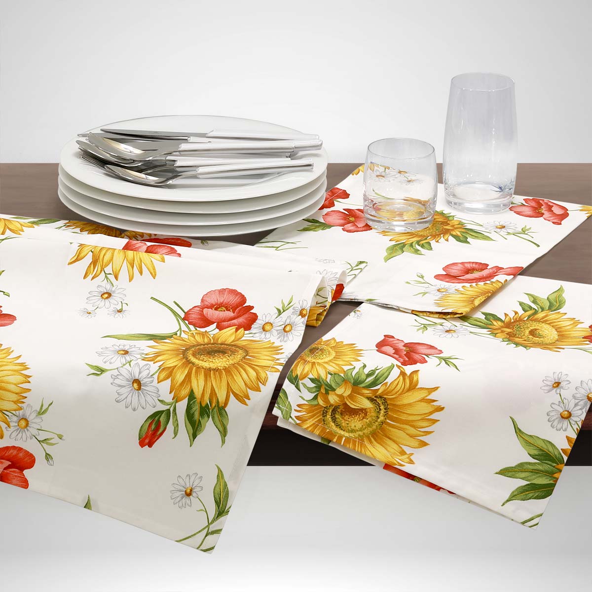 Set canovacci cucina 3 pezzi con fantasia Girasoli in puro cotone