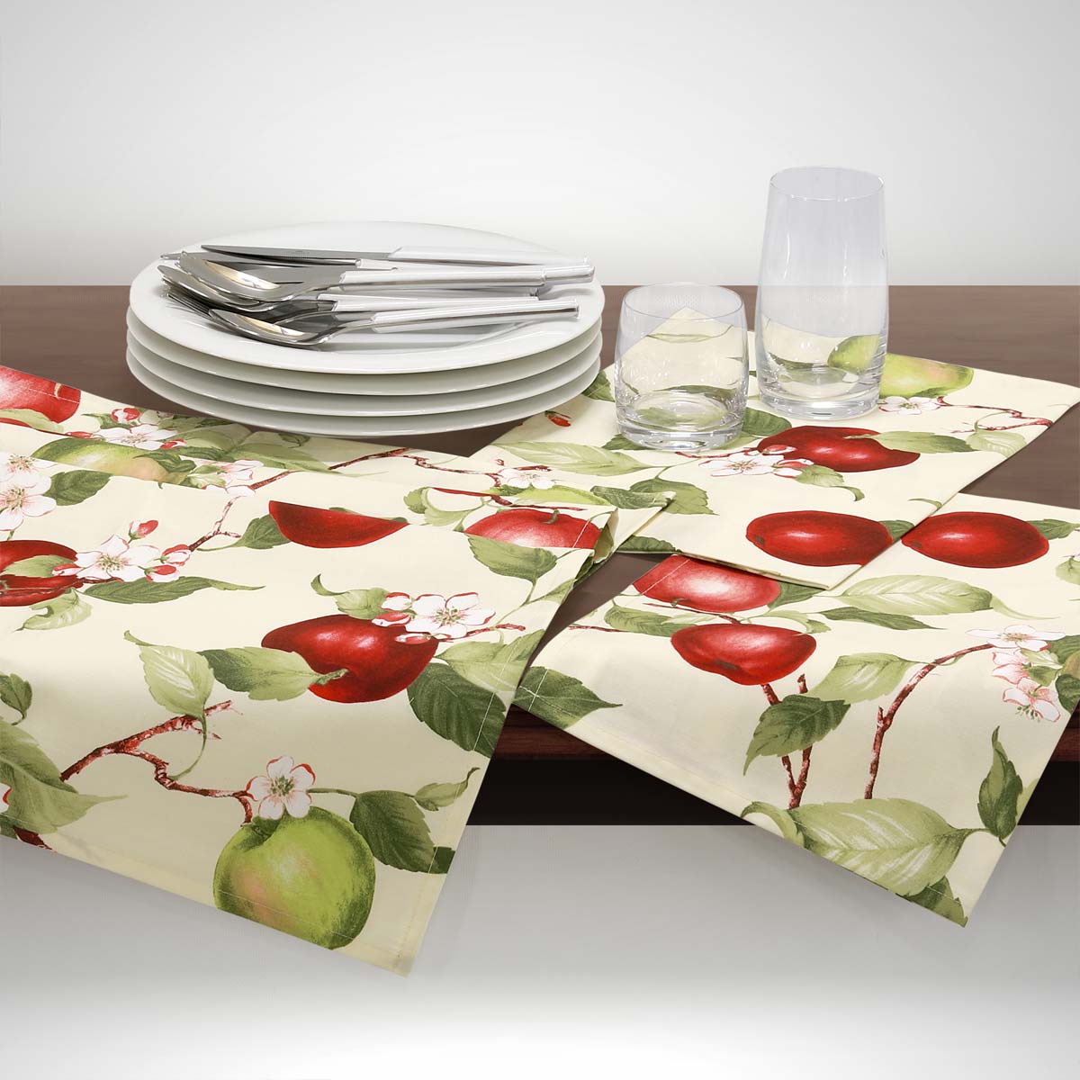 Set canovacci cucina 3 pezzi con fantasia Mele in puro cotone