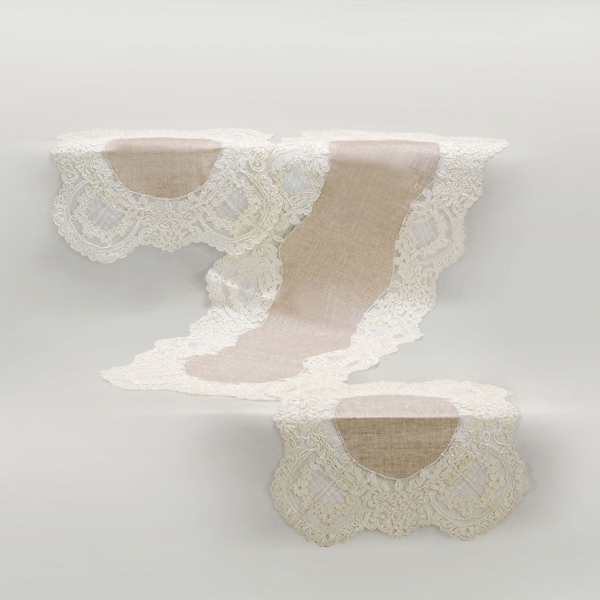 Set centrini comò e comodini camera da letto in puro lino naturale con pizzo rebrodè - Eden