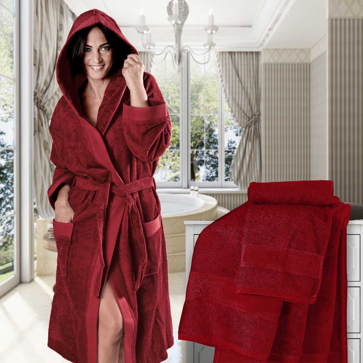 Completo 6 pezzi biancheria da bagno in morbida spugna di cotone idrofilo colore bordò