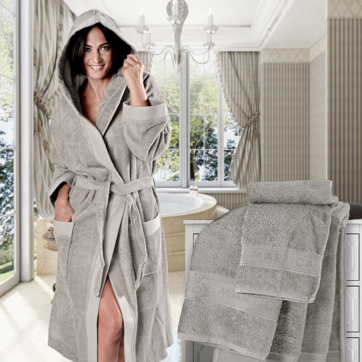 Completo 6 pezzi biancheria da bagno in morbida spugna di cotone idrofilo colore grigio