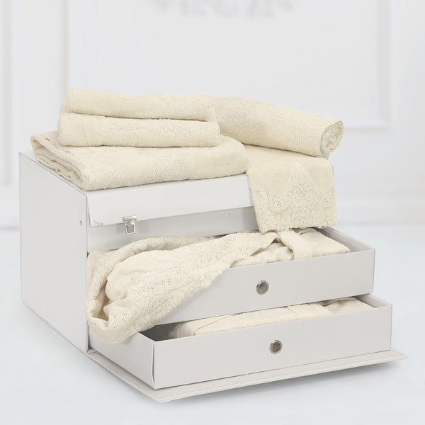 Completo biancheria da bagno in spugna 7 pezzi con pizzo ricamato su tulle - Valentina