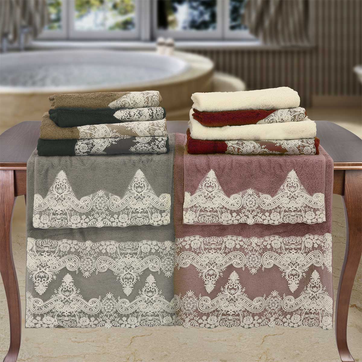 Confezione spugna colorata con pizzo ricamato su tulle - Valentina