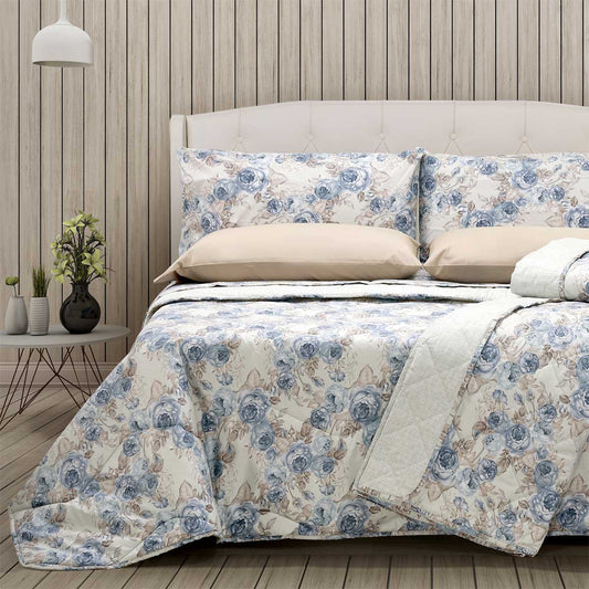 Coordinato letto matrimoniale con fiori azzurro - Flora