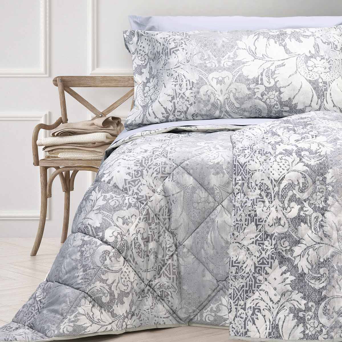 Coordinato letto singolo double-face da 1 piazza in puro cotone moderno grigio fantasia double face