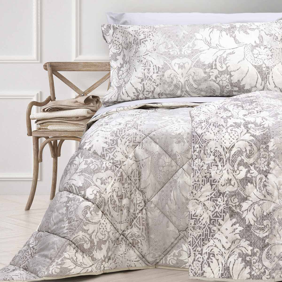 Coordinato letto singolo double-face da 1 piazza in puro cotone moderno tortora fantasia double face