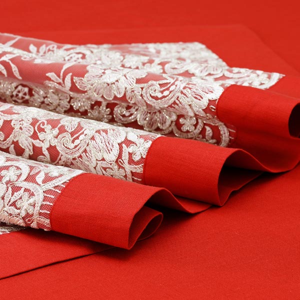 Corsia tovaglia in lino rosso natale con pizzo argento - Eloise