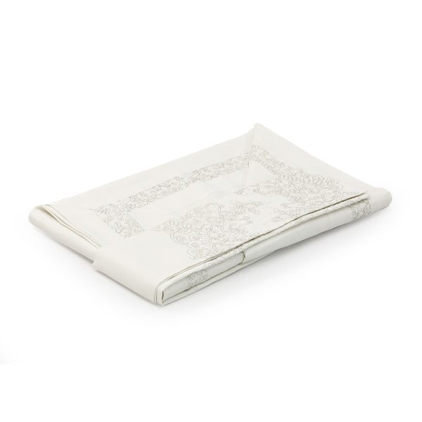 Lenzuolo artigianale in lino di colore panna con pizzo ricamo argento lurex - Eloise