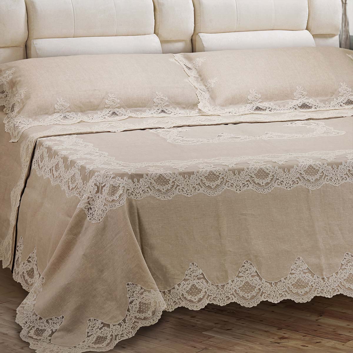 Lenzuolo primo letto sposa in puro lino naturale con pizzo rebrodè - Eden