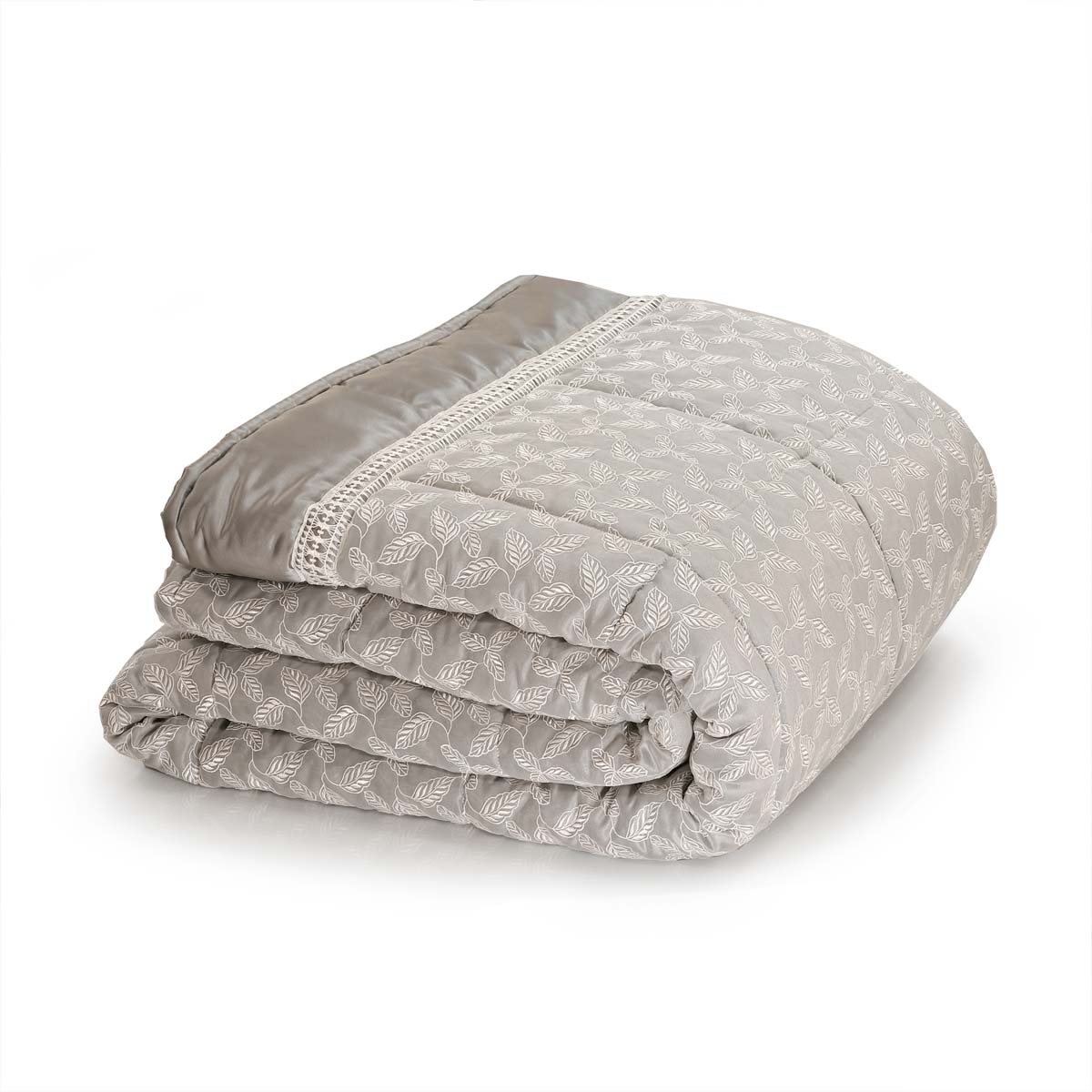 Piumone matrimoniale moderno con lavorazione patchwork e foglie ricamate grigio - EL105