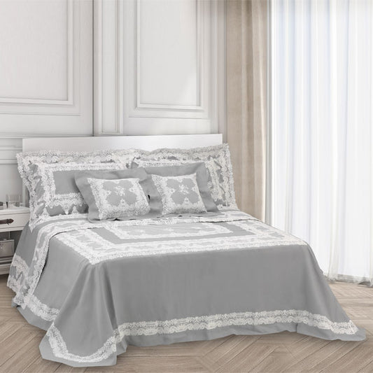 Primo letto moderno in puro lino grigio perla con pizzo ricamato su tulle