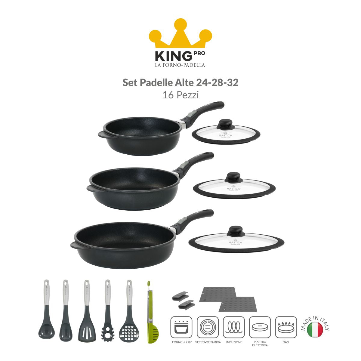 Set padelle con rivestimento antiaderente ad induzione maxi 16 pezzi - King Pro