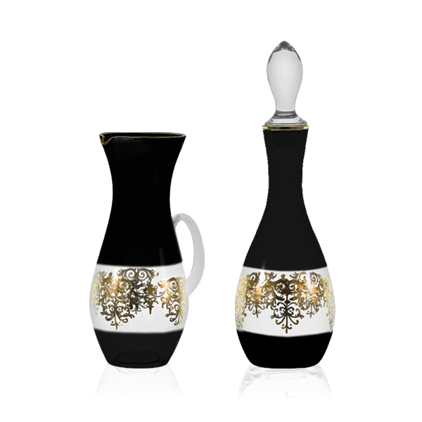 Servizio di bicchieri con brocca e bottiglia di colore nero con decorazione oro - Giulia