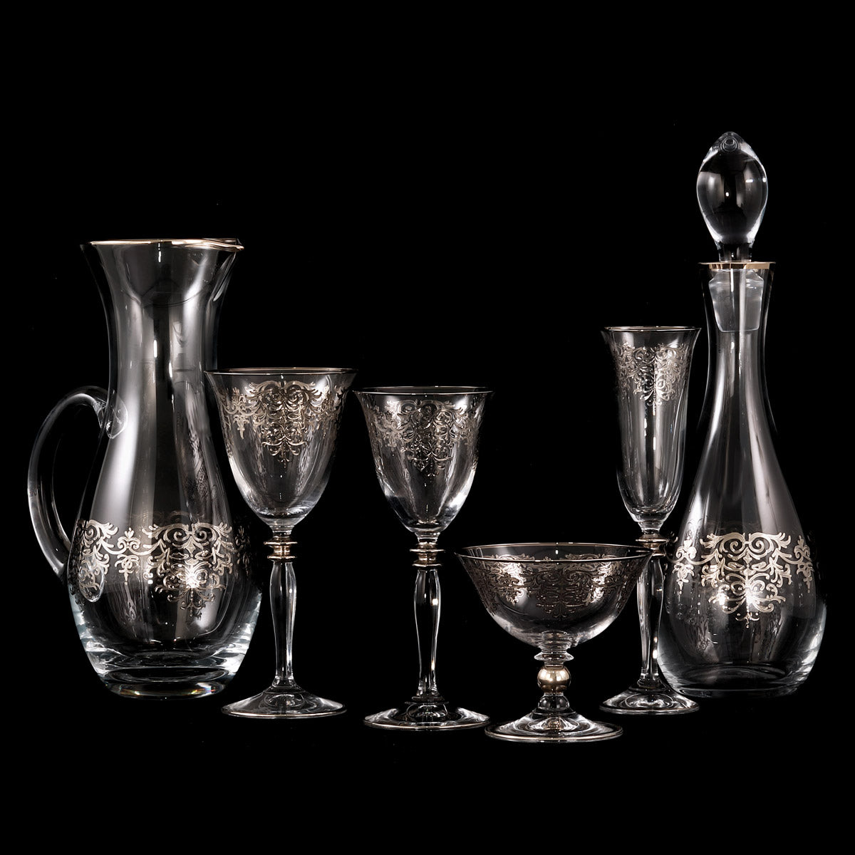 Servizio bicchieri in cristallo con decoro inciso classico filo platino - San Pietroburgo