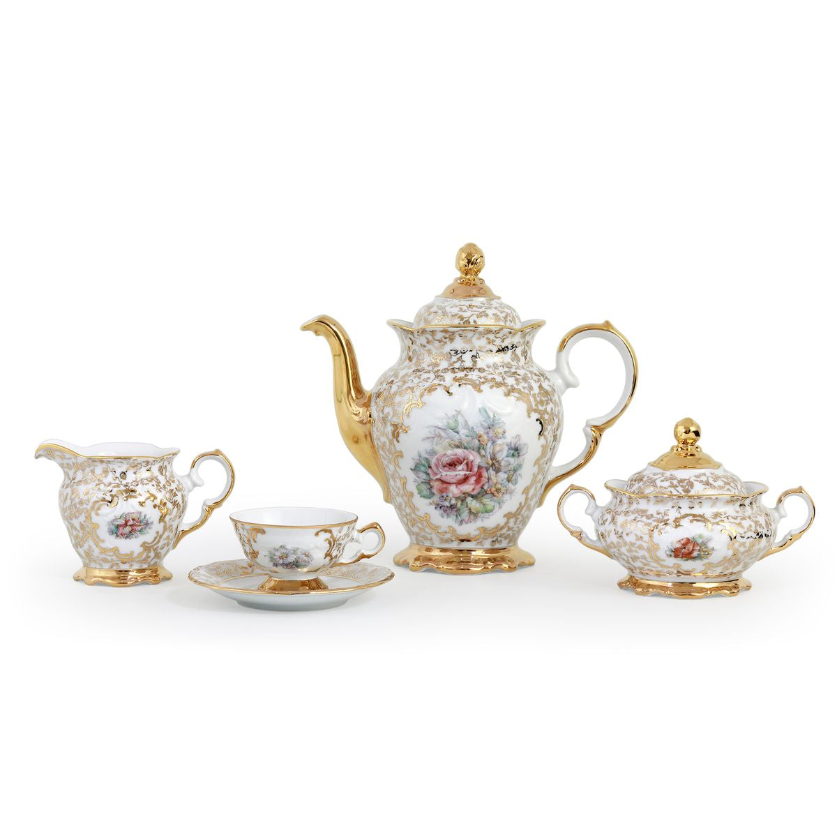 Servizio da caffè per 12 persone classico in oro decorato a mano con fiori - Camilla