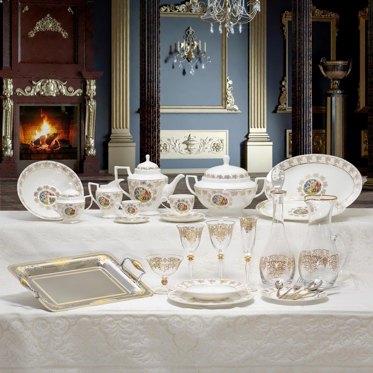 Servizio piatti bicchieri e vassoi per la sala da pranzo con decoro classico in oro - Armonia