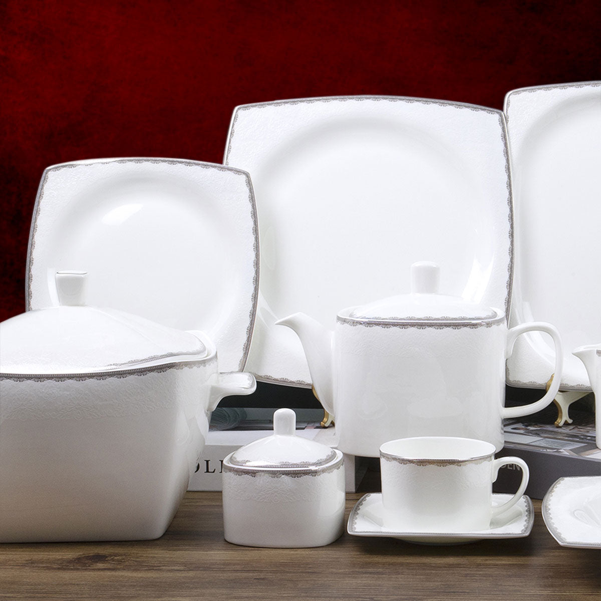 servizio di piatti moderno quadrato in porcellana bianco con decoro filo  platino completo di piatti the e caffè - Beautiful