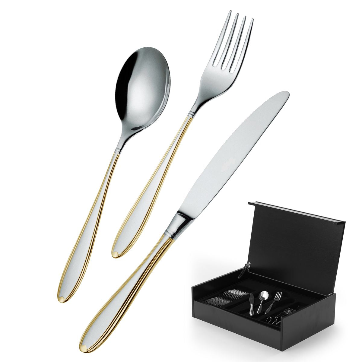 Set posate filo oro in acciaio inox composto da 75 pezzi