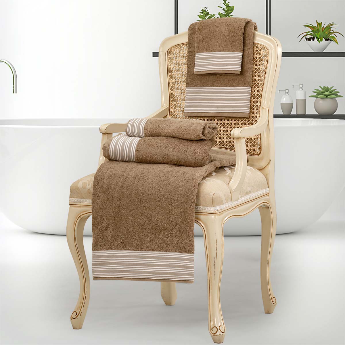 Set 5 pezzi biancheria da bagno in spugna di colore sabbia con balza a righe - Malmo