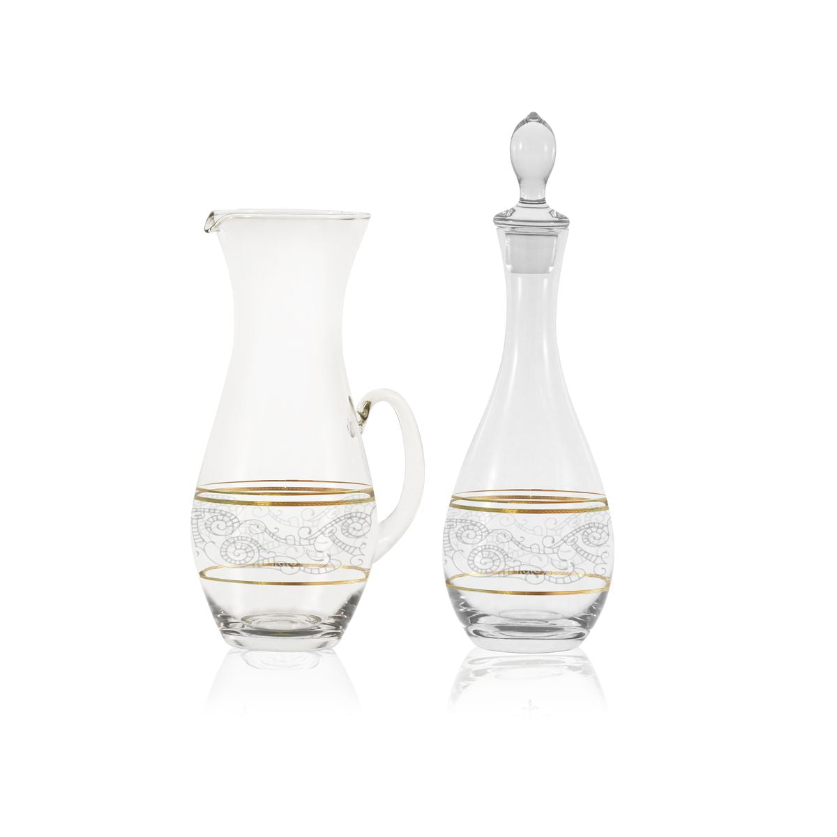 Set bicchieri con brocca e bottiglia decoro in oro ed incisione pizzo - Cantù