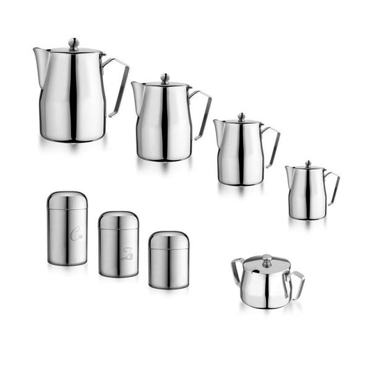 Set scaldacaffè, barattoli e zuccheriera in acciaio inox