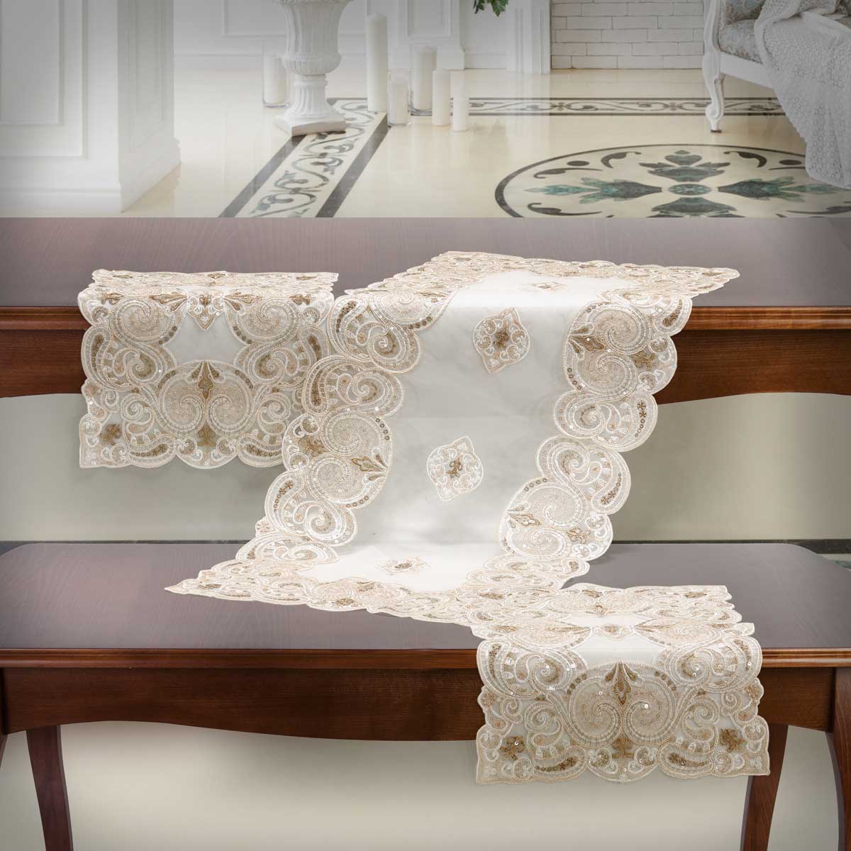 Set centrini camera da letto 3 pezzi in tulle ricamato bicolore con paillettes - Beatrice