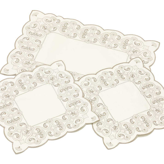 Set di centrini camera da letto 3 pezzi realizzati in raso avorio ricamato - Ely