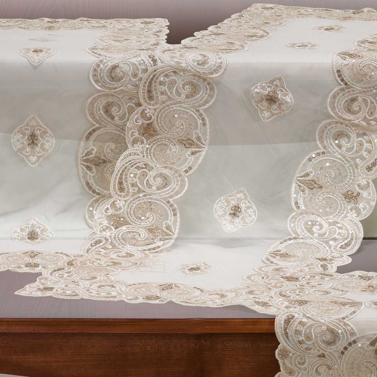Set centri sala da pranzo 3 pezzi in tulle ricamato bicolore paillettes - Beatrice